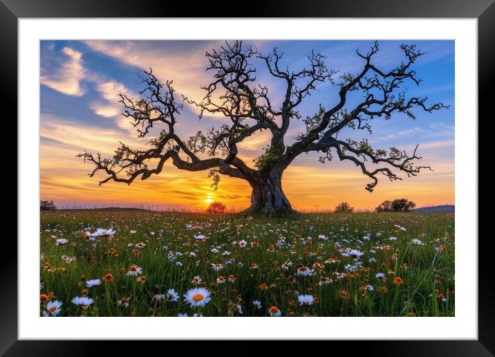 A very old gnarled tree stands alone in a field of flowers at su Framed Mounted Print by Michael Piepgras