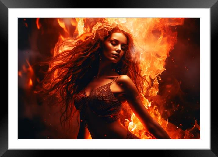 A goddess woman wearing a tight dress made of fire. Framed Mounted Print by Michael Piepgras