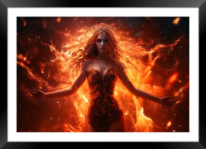 A goddess woman wearing a tight dress made of fire. Framed Mounted Print by Michael Piepgras