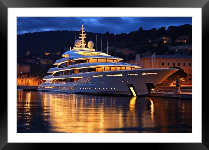 A luxury yacht in the harbor at dusk. Framed Mounted Print by Michael Piepgras