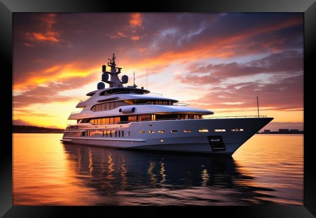 A luxury yacht in the harbor at dusk. Framed Print by Michael Piepgras