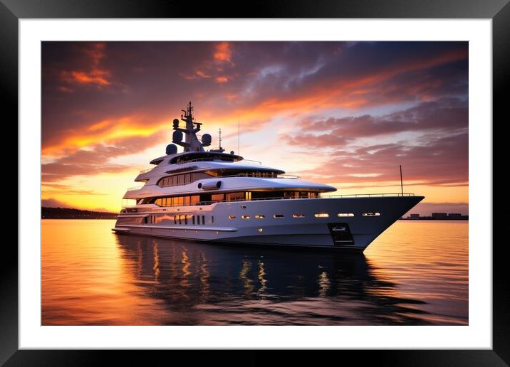 A luxury yacht in the harbor at dusk. Framed Mounted Print by Michael Piepgras