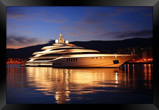 A luxury yacht in the harbor at dusk. Framed Print by Michael Piepgras