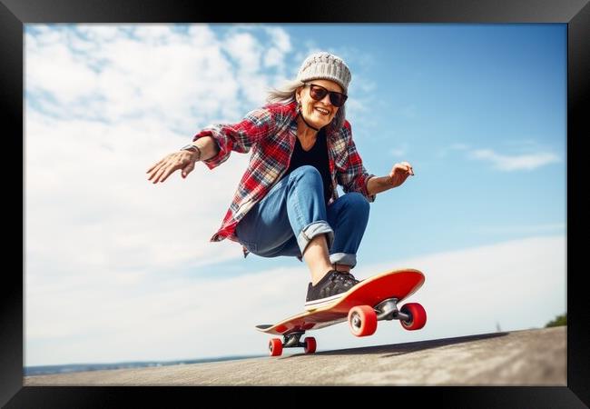 A retired woman having fun on a skateboard. Framed Print by Michael Piepgras