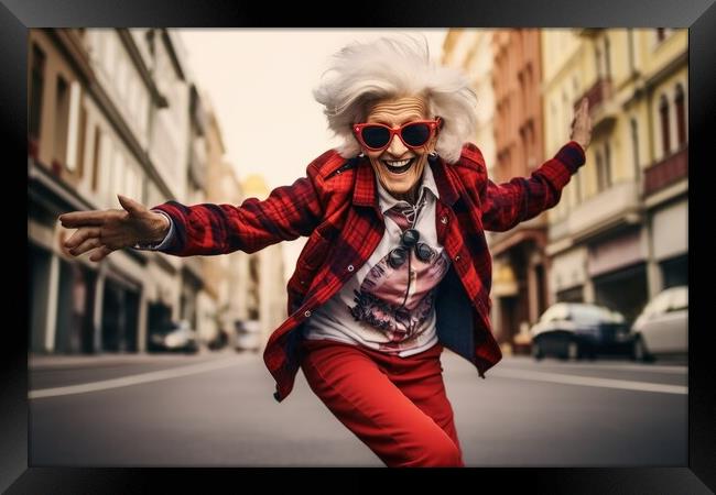 A retired woman having fun on a skateboard. Framed Print by Michael Piepgras