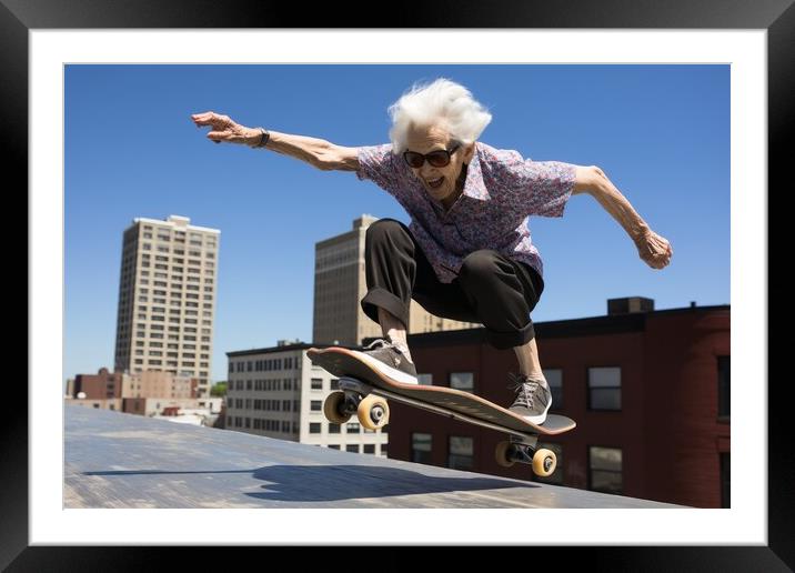 A retired woman having fun on a skateboard. Framed Mounted Print by Michael Piepgras
