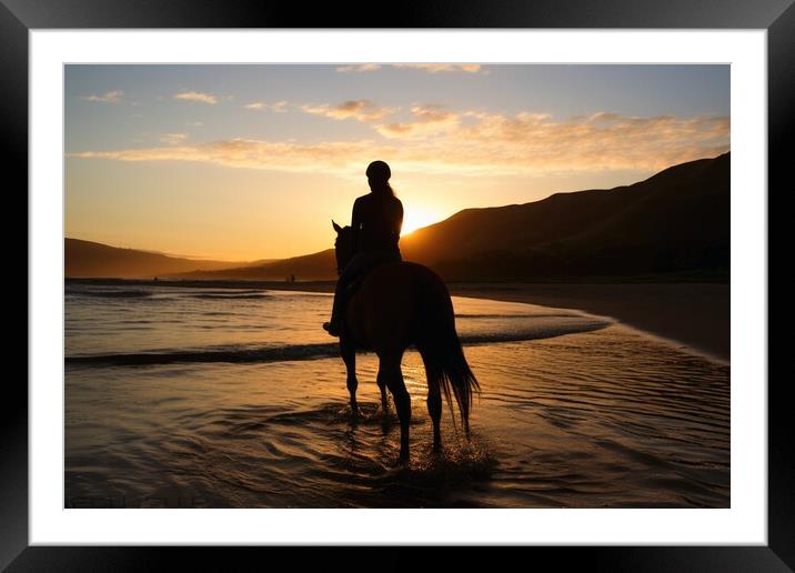 A woman riding on a horse at a beautiful beach. Framed Mounted Print by Michael Piepgras