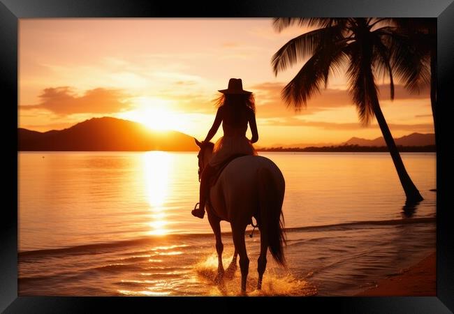 A woman riding on a horse at a beautiful beach. Framed Print by Michael Piepgras