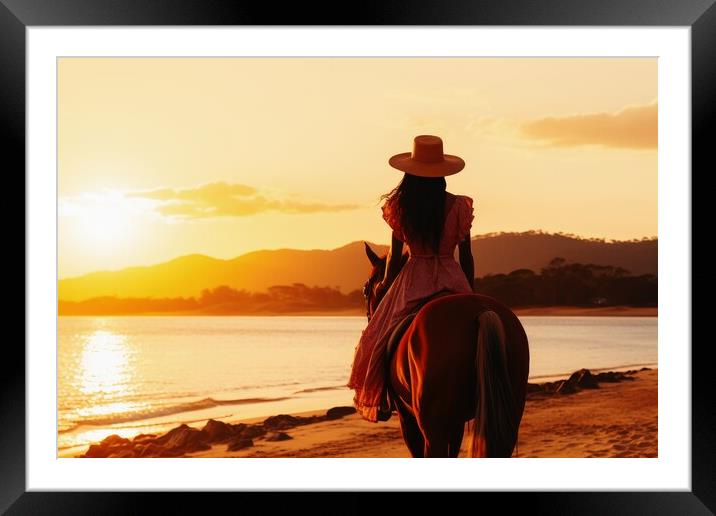 A woman riding on a horse at a beautiful beach. Framed Mounted Print by Michael Piepgras
