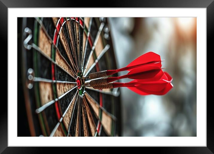 Three darts hitting perfect on the target bullseye. Framed Mounted Print by Michael Piepgras