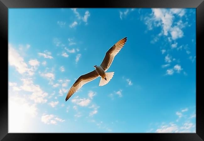 A seagull close up in the blue sky at the beach. Framed Print by Michael Piepgras