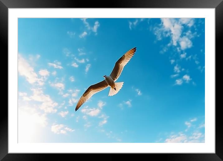A seagull close up in the blue sky at the beach. Framed Mounted Print by Michael Piepgras