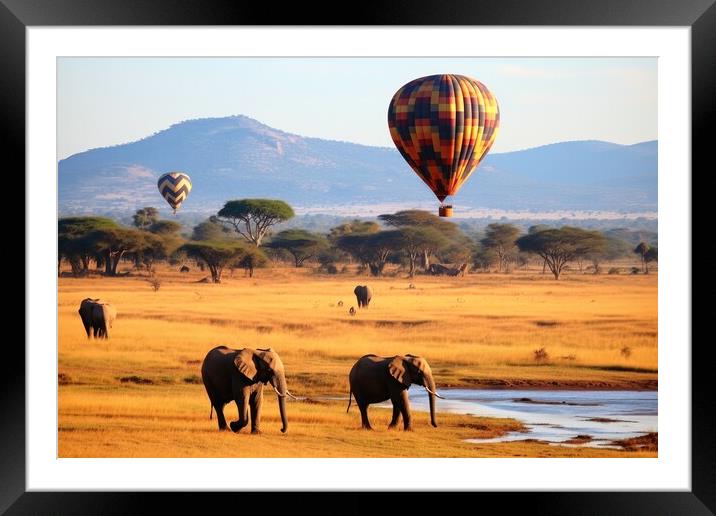 Hot air balloons over the African savannah. Framed Mounted Print by Michael Piepgras