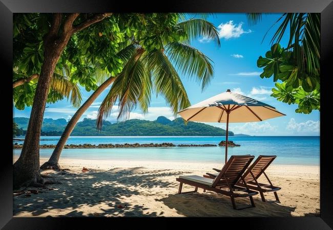 A deck chair and parasol on a secluded dream beach with palm tree Framed Print by Michael Piepgras