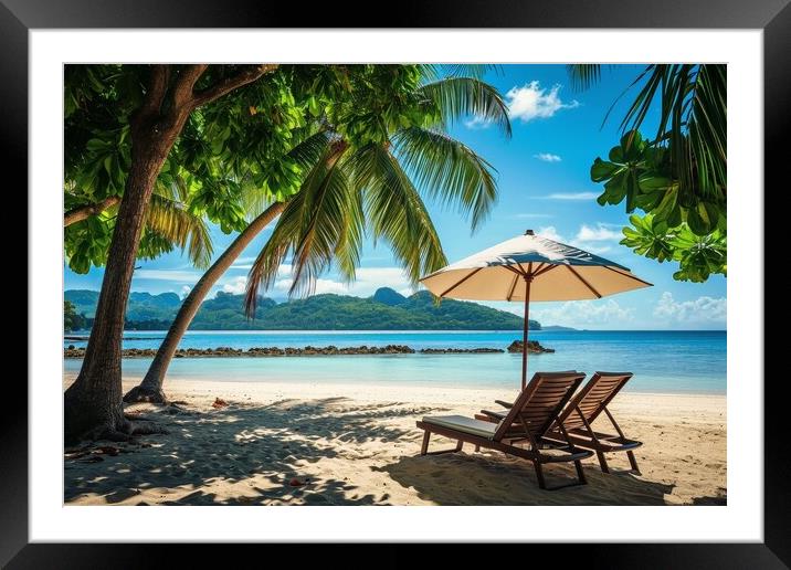 A deck chair and parasol on a secluded dream beach with palm tree Framed Mounted Print by Michael Piepgras