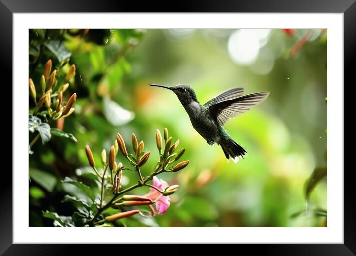A hummingbird in flight looking for nectar in the jungle. Framed Mounted Print by Michael Piepgras