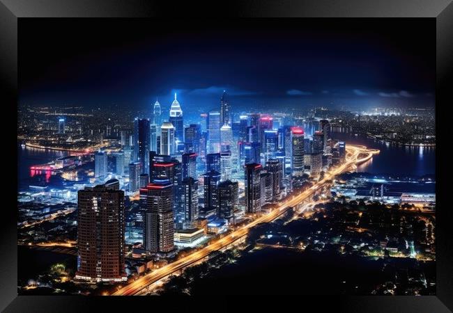 A bustling cityscape at night representing urban energy and nigh Framed Print by Michael Piepgras