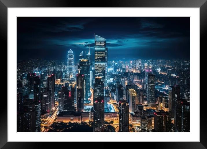 A bustling cityscape at night representing urban energy and nigh Framed Mounted Print by Michael Piepgras