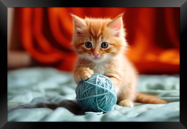 A cute cat playing with a ball of wool. Framed Print by Michael Piepgras