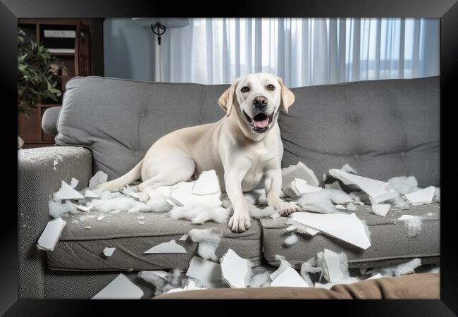 A dog making a mess in the living room. Framed Print by Michael Piepgras