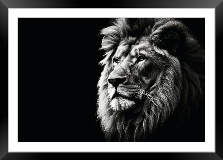 A male lion on a dark background in black and white. Framed Mounted Print by Michael Piepgras