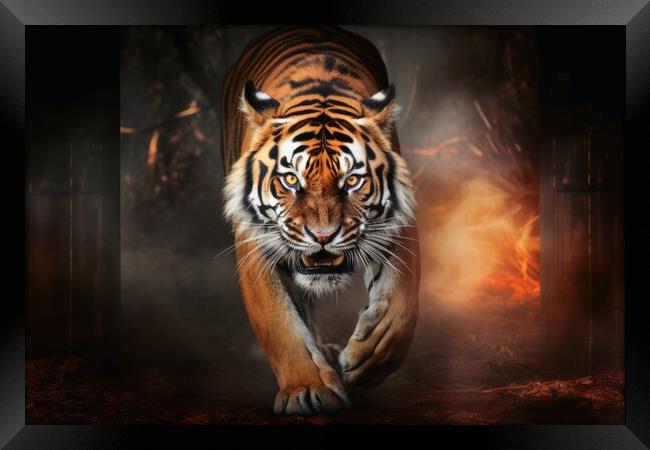 A mesmerizing Tiger on a dark background. Framed Print by Michael Piepgras