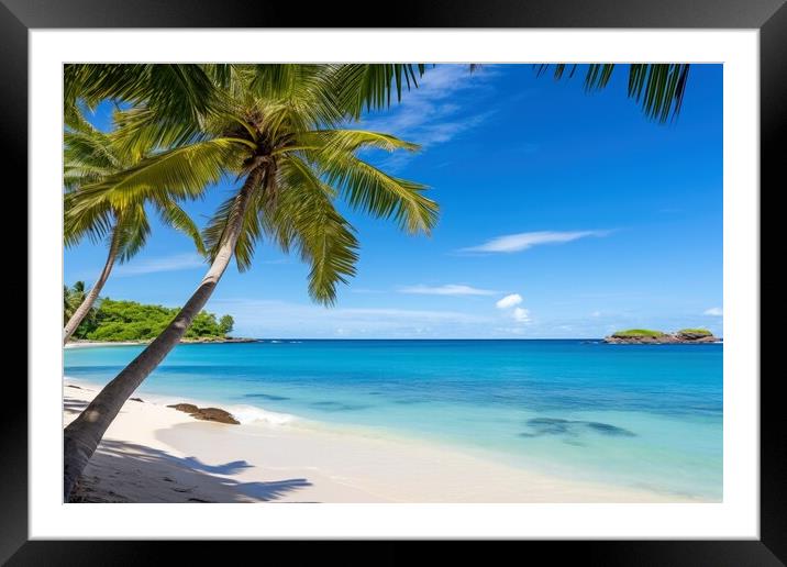 A peaceful beach with palm trees and clear blue waters evoking r Framed Mounted Print by Michael Piepgras