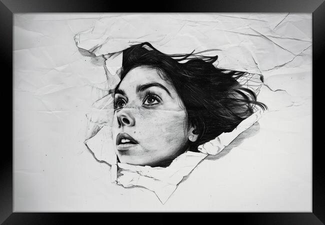 A pencil painting of a woman coming out of the paper. Framed Print by Michael Piepgras