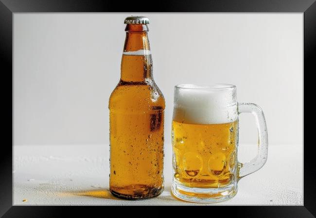 A bottle of beer and a filled glass on a white background. Framed Print by Michael Piepgras