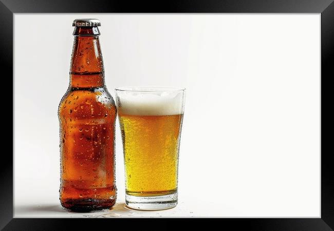 A bottle of beer and a filled glass on a white background. Framed Print by Michael Piepgras