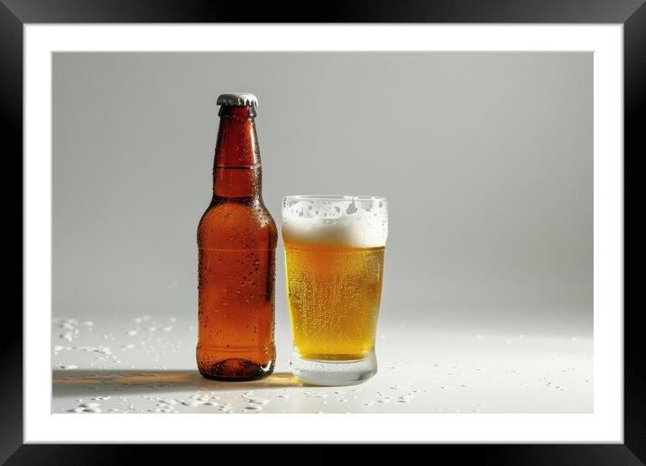 A bottle of beer and a filled glass on a white background. Framed Mounted Print by Michael Piepgras