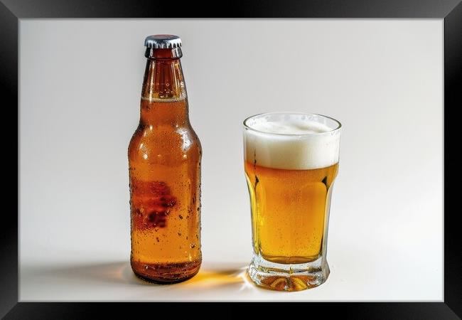 A bottle of beer and a filled glass on a white background. Framed Print by Michael Piepgras