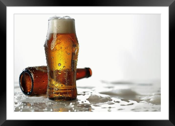 A bottle of beer and a filled glass on a white background. Framed Mounted Print by Michael Piepgras