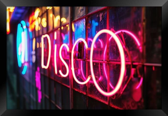 A colorful neon sign showing the word Disco on a wall of a club. Framed Print by Michael Piepgras