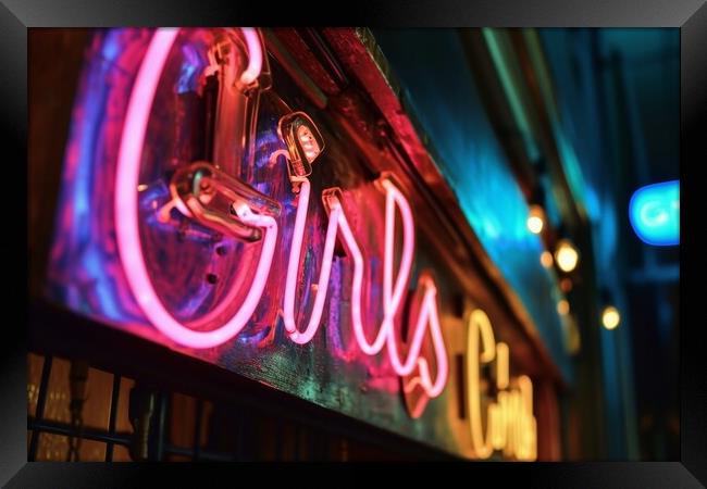 A colorful neon sign showing the word Girls on the wall of a clu Framed Print by Michael Piepgras