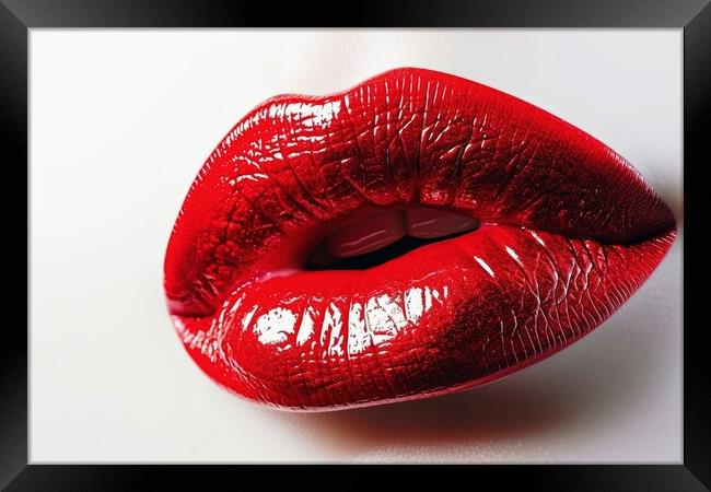 A red lipstick kissing mouth isolated on a white background. Framed Print by Michael Piepgras