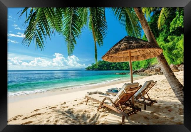 A deck chair and parasol on a secluded dream beach with palm tre Framed Print by Michael Piepgras