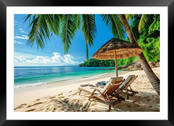 A deck chair and parasol on a secluded dream beach with palm tre Framed Mounted Print by Michael Piepgras