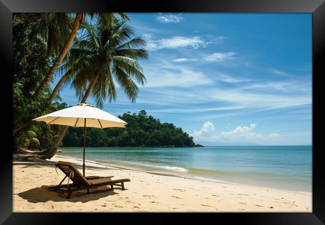 A deck chair and parasol on a secluded dream beach with palm tre Framed Print by Michael Piepgras