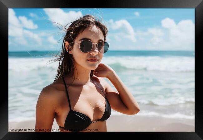 A woman at a beach wearing a black bikini. Framed Print by Michael Piepgras