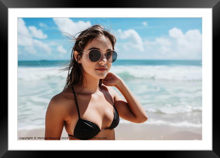 A woman at a beach wearing a black bikini. Framed Mounted Print by Michael Piepgras