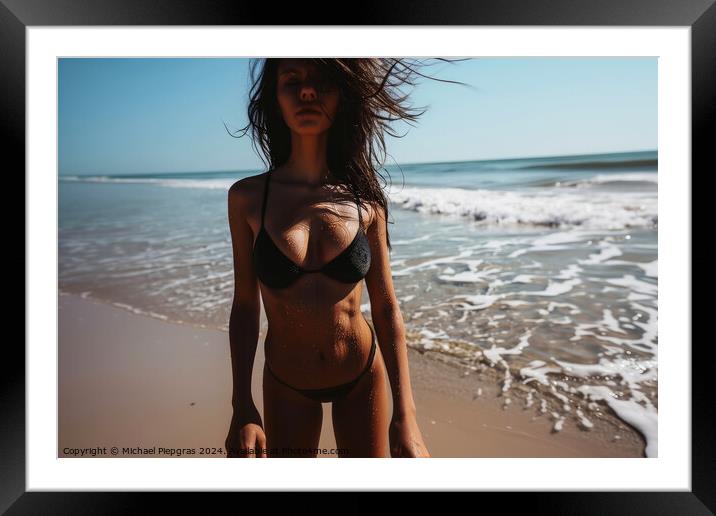 A woman at a beach wearing a black bikini. Framed Mounted Print by Michael Piepgras