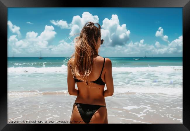A woman at a beach wearing a black bikini. Framed Print by Michael Piepgras