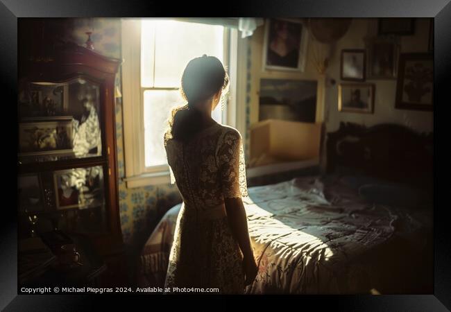 A woman in her bedroom in a lace dress. Framed Print by Michael Piepgras