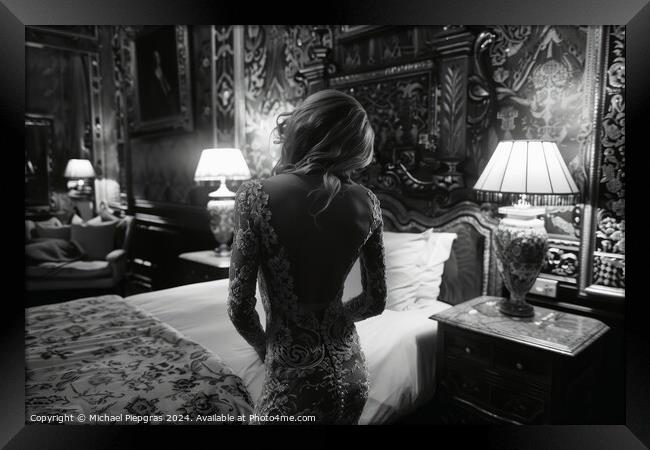 A woman in her bedroom in a lace dress. Framed Print by Michael Piepgras