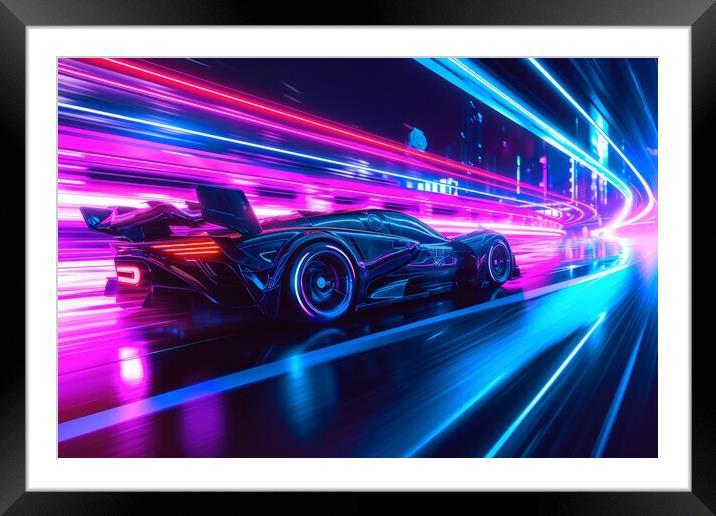 A fast car in a futuristic neon light city. Framed Mounted Print by Michael Piepgras