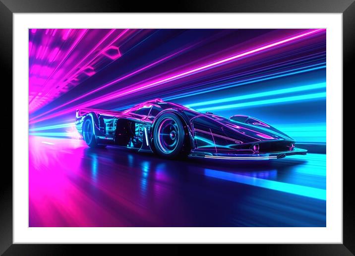 A fast car in a futuristic neon light city. Framed Mounted Print by Michael Piepgras