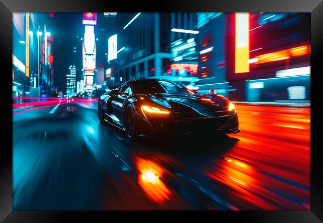 A fast car with glowing headlights driving through a bustling ci Framed Print by Michael Piepgras