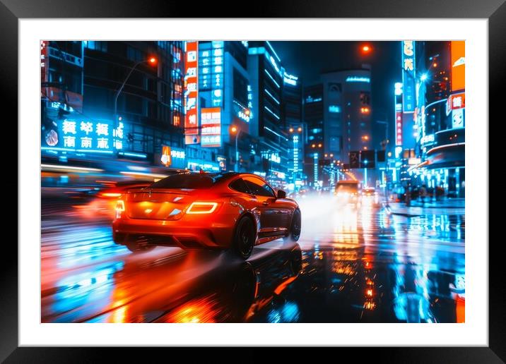 A fast car with glowing headlights driving through a bustling ci Framed Mounted Print by Michael Piepgras