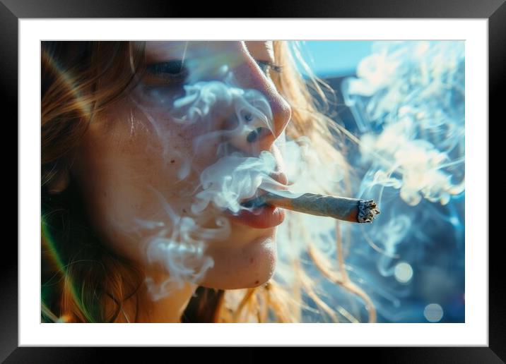 Close up of a woman smoking a big weed joint with some cannabis  Framed Mounted Print by Michael Piepgras